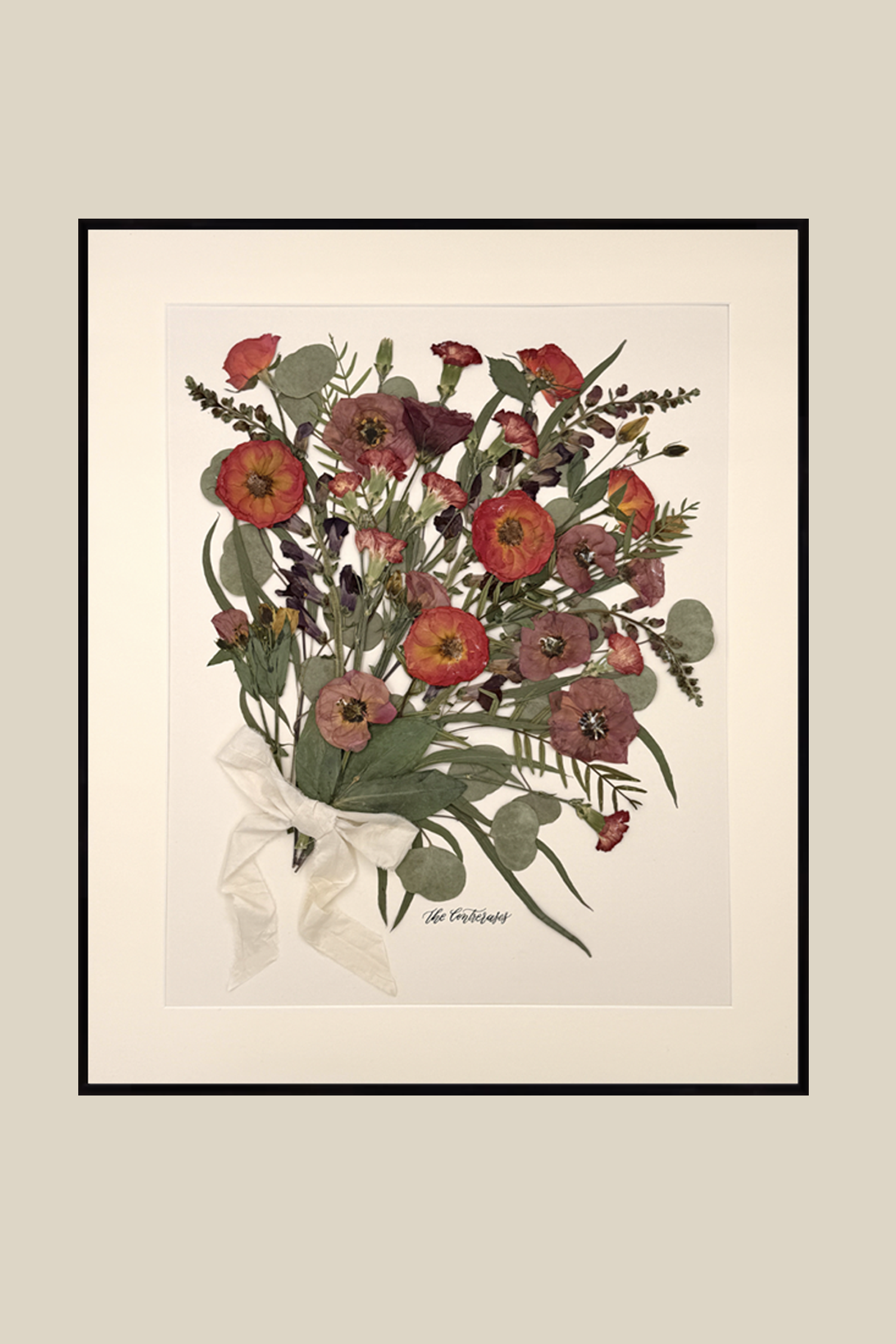 20x24 Framed + Matted Preserved Bouquet (from original fresh bouquet) Portrait Orientation with Thin Modern Metal Frame