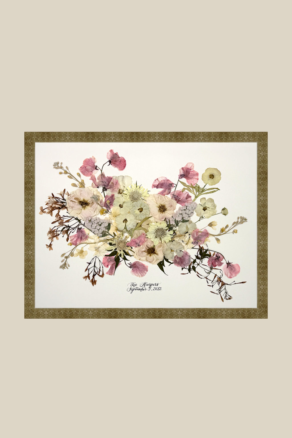 20x24 Framed + Matted Preserved Bouquet (from original fresh flower bouquet) Landscape Orientation with Wood Frame