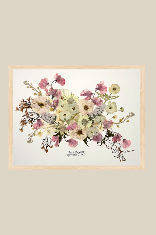 20x24 Framed + Matted Preserved Bouquet (from original fresh flower bouquet) Landscape Orientation with Wood Frame