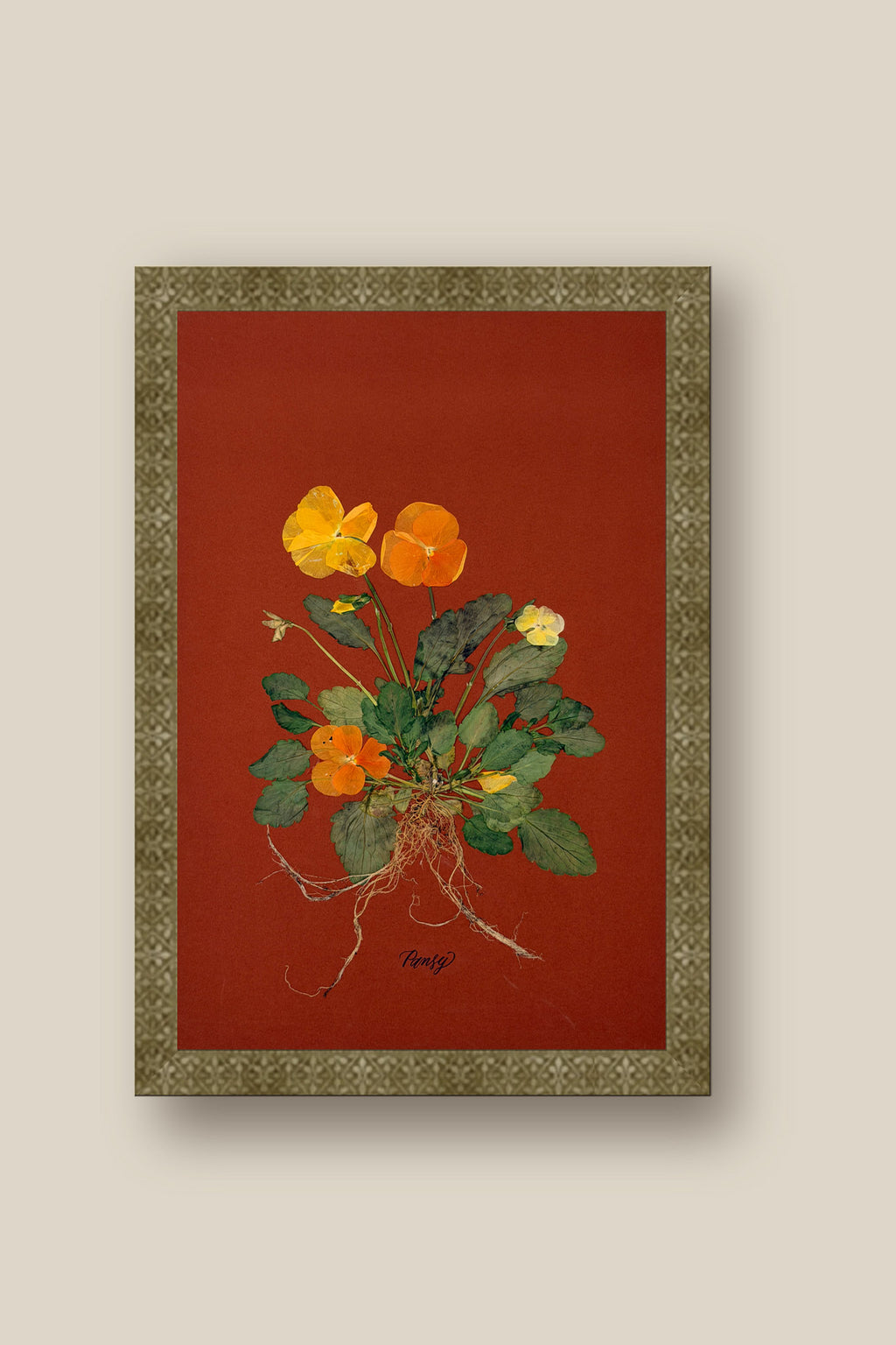 Pansies with Roots on Rust Framed