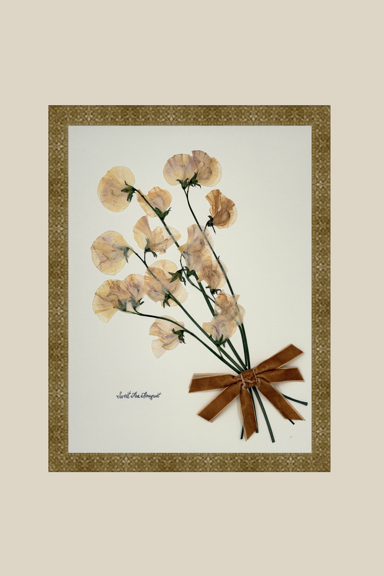 Sweet Pea Bouquet with Bow on Ivory