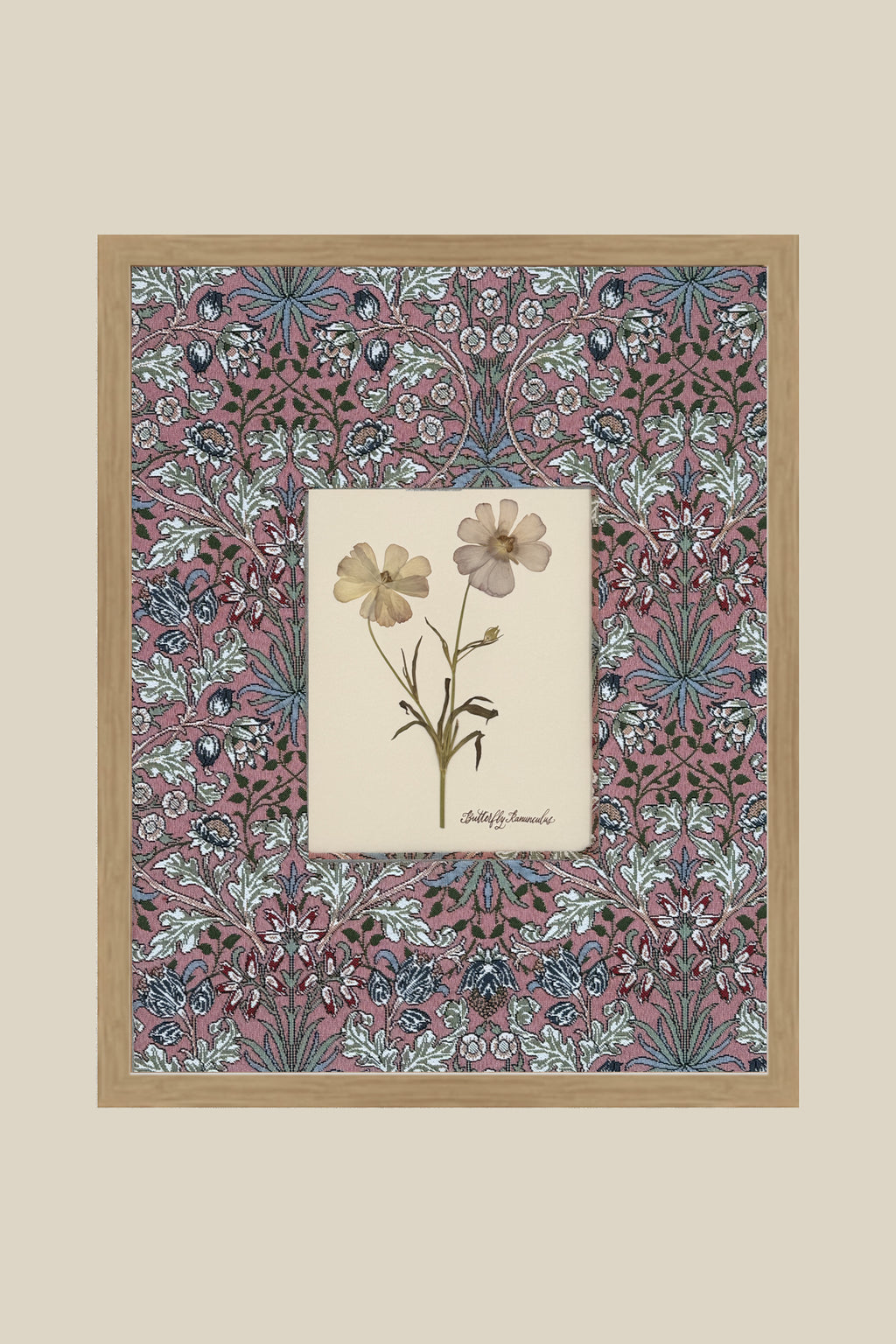 Framed Butterfly Ranunculus with William Morris Upholstered Mat