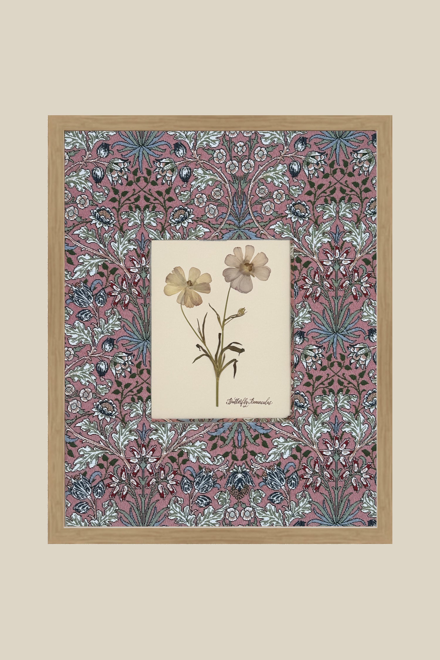Framed Butterfly Ranunculus with William Morris Upholstered Mat
